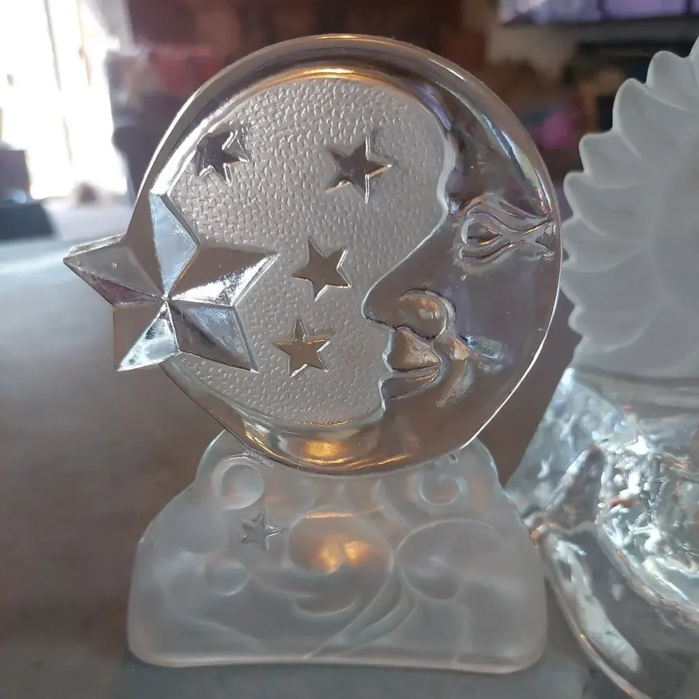 Vintage Glass Celestial Moon Sun Face Stars Candle Holders Frosted PL set